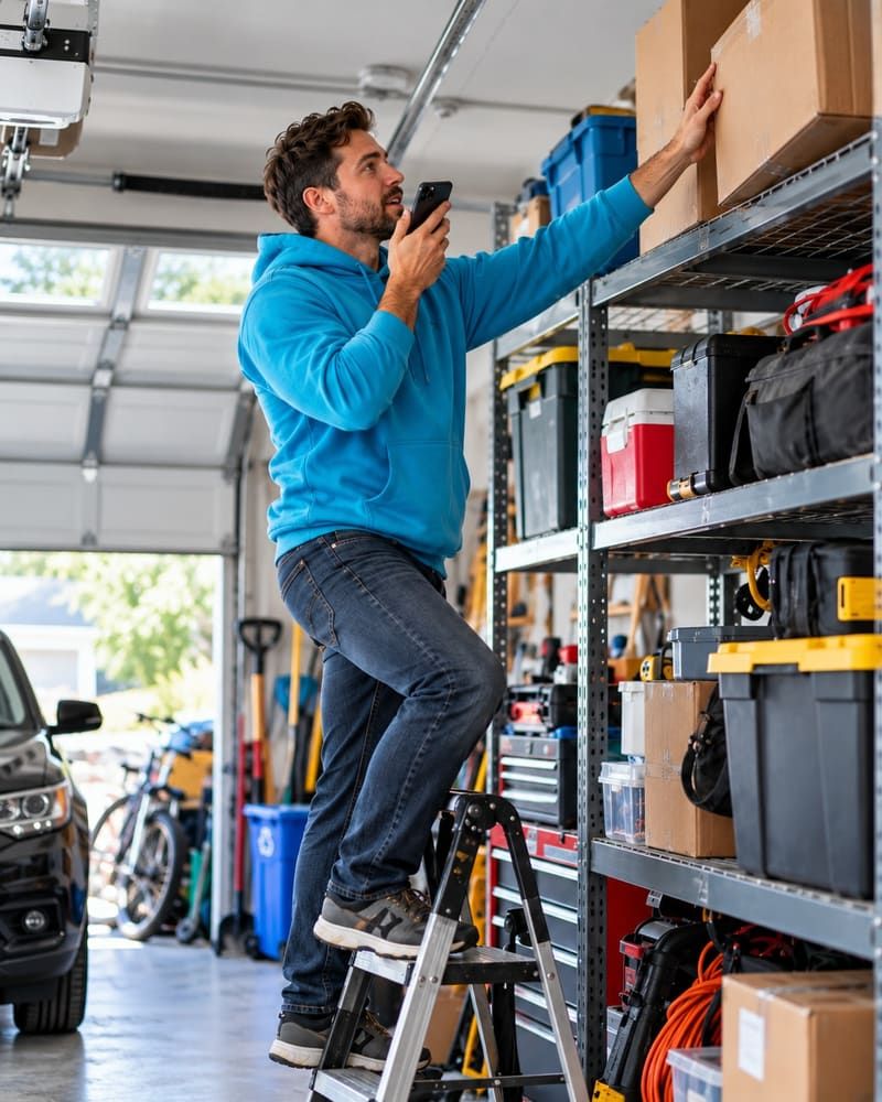 Man shoving a box onto a high garage shelf while talking to his phone