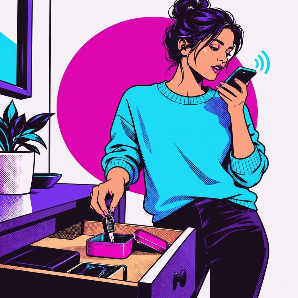 Woman dropping a key in a magenta tin while talking to her phone