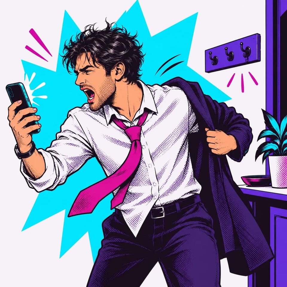 Man rushing out the door yelling at his phone
